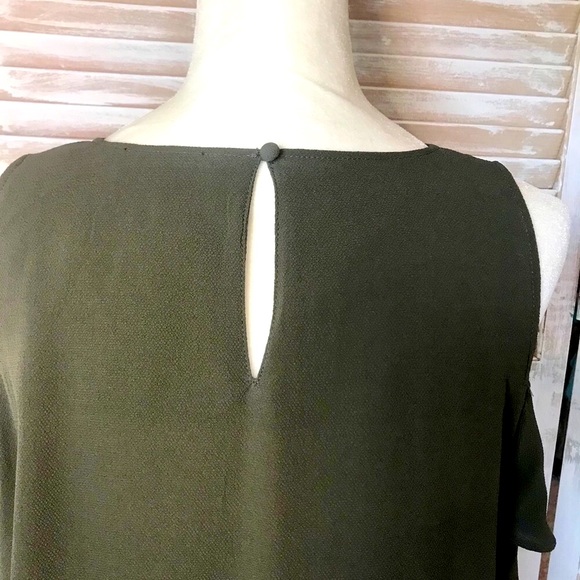 TOP WITH COLD SHOULDER & 3 TIER SLEEVE, OLIVE GREEN, 3/4 SLEEVES, TEXTURED - Picture 3 of 5